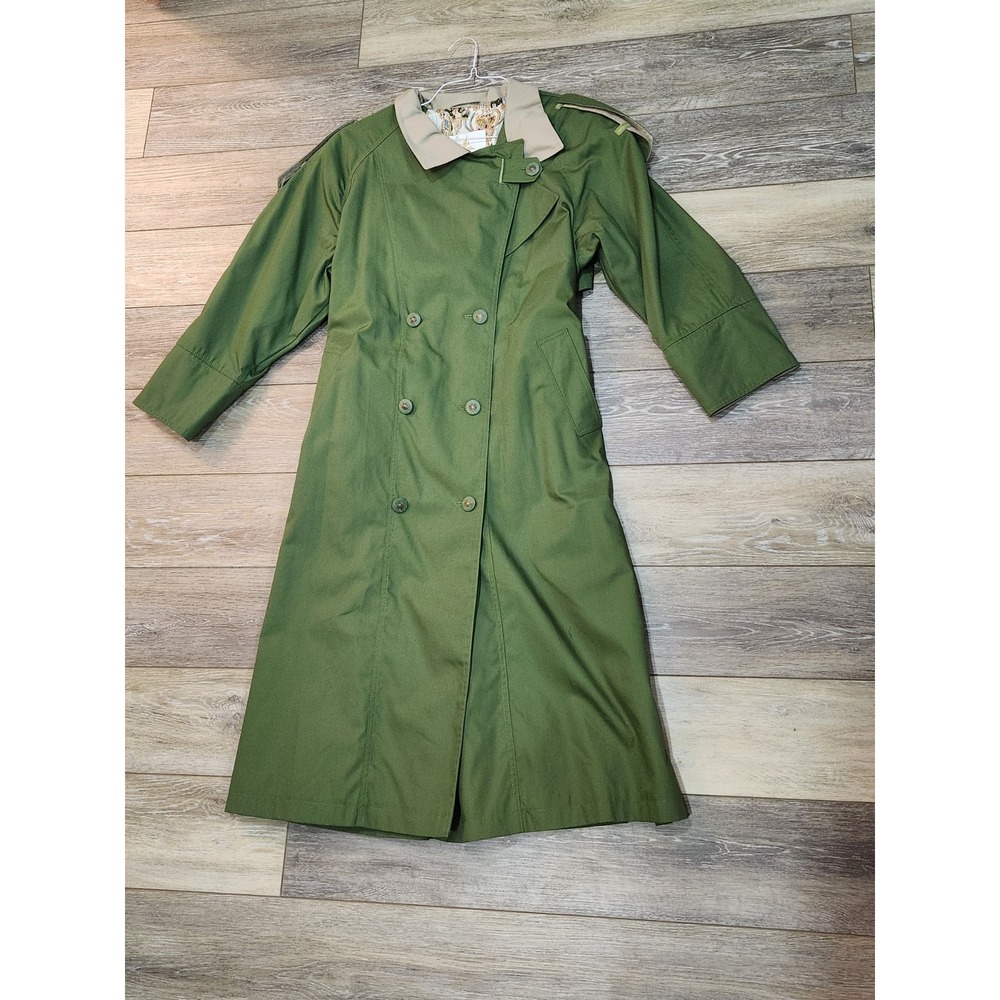 Misty Harbor Trench Coat Green Collared Buttons Pockets Size 12 Petite